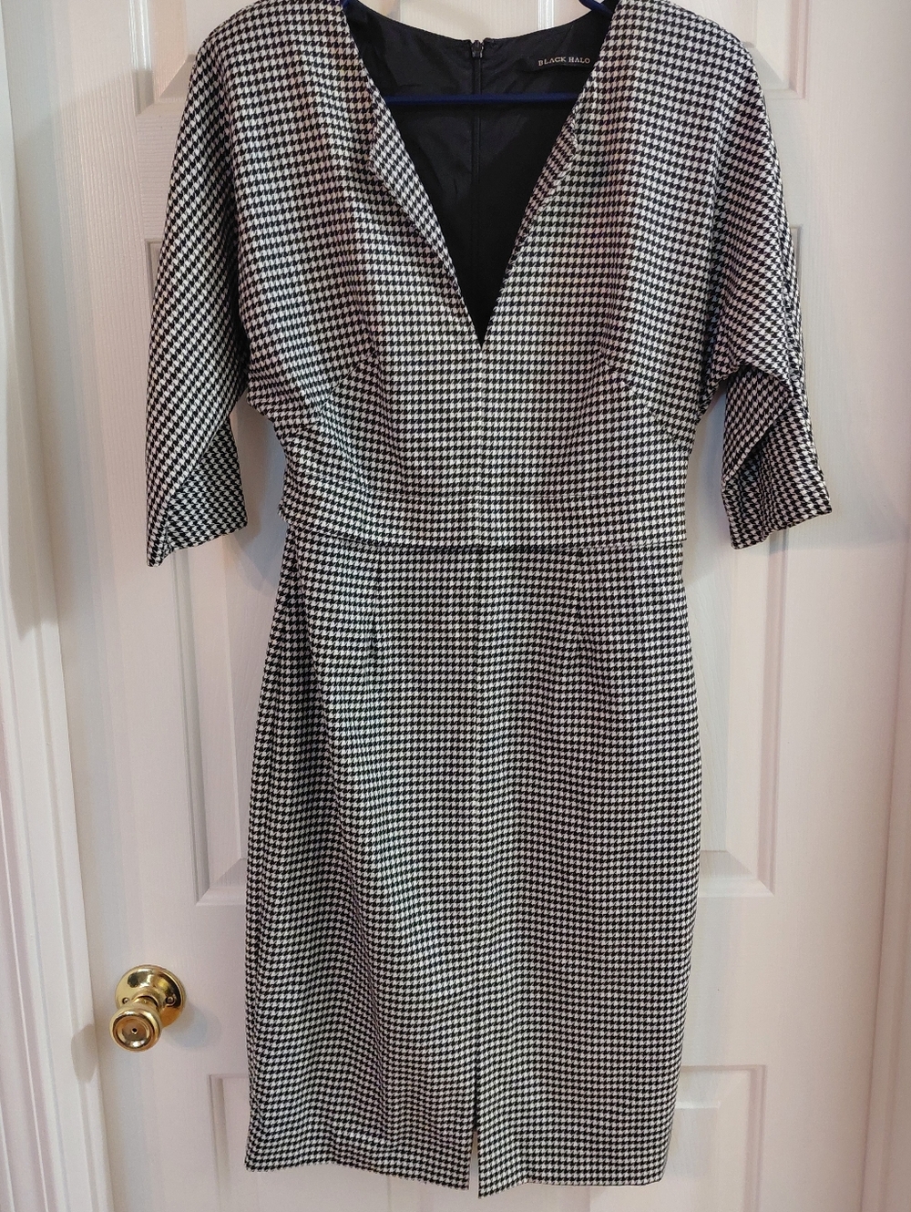 Black Halo Black and White Houndstooth V-Neck Midi Dress